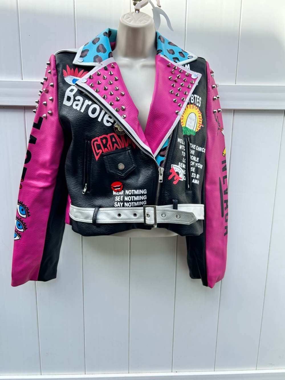 Street Punk Pleather Studded Black & Pink Graphic Biker Moto Jacket | Size XL - Picture 3 of 14